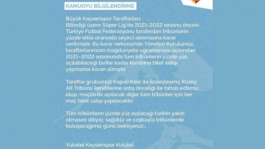 KAYSERİSPOR KOMBİNE BİLET SATMAYACAK