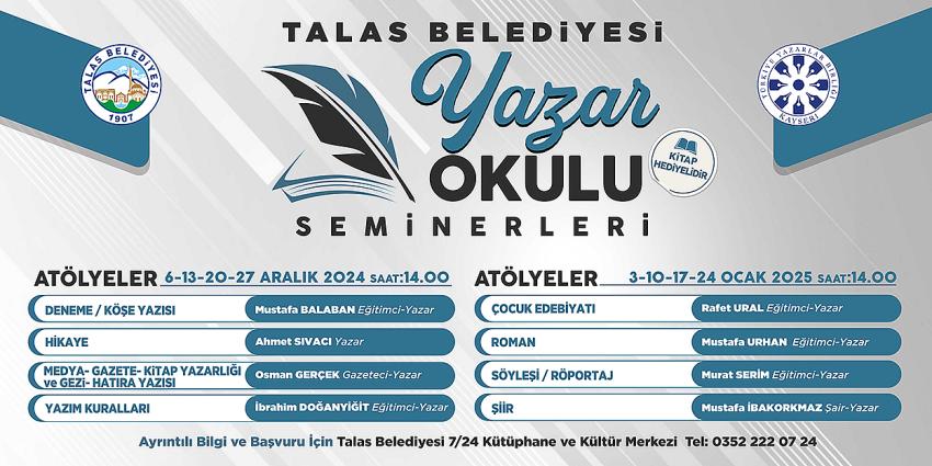 Talas'ta Yazar Okulu Seminerleri Başlıyor